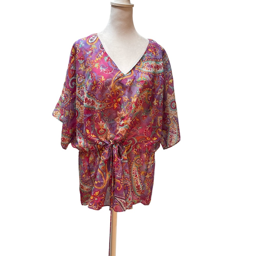 Chaps Purple with Multi-Color Abstract Floral Print Short Sleeve V-Neck Tie Top
